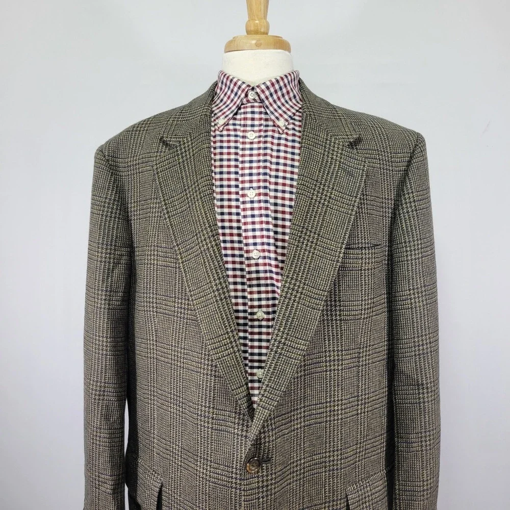Oscar De La Renta Men's Sport Coat Blazer Two‎ Button Brown Plaid Wool Sz 48L